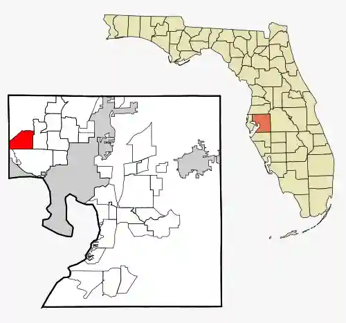 Inset map of Hillsborough County, Florida, highlighting the location of Westchase, FL in bright red on the western border.