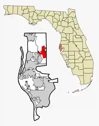 Inset map of Pinellas County, Florida, highlighting the location of Oldsmar in bright red at the northernmost point bordering Hillsborough County.