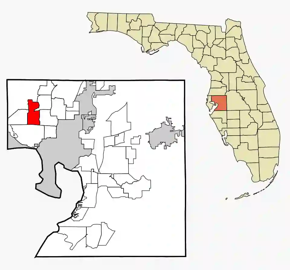 A map of Florida with Hillsborough County highlighted in orange on the right, paired with an enlarged inset map on the left showing census-designated areas within the county, highlighting the community of Cheval in bright red and noting its proximity to the adjacent Citrus Park area.